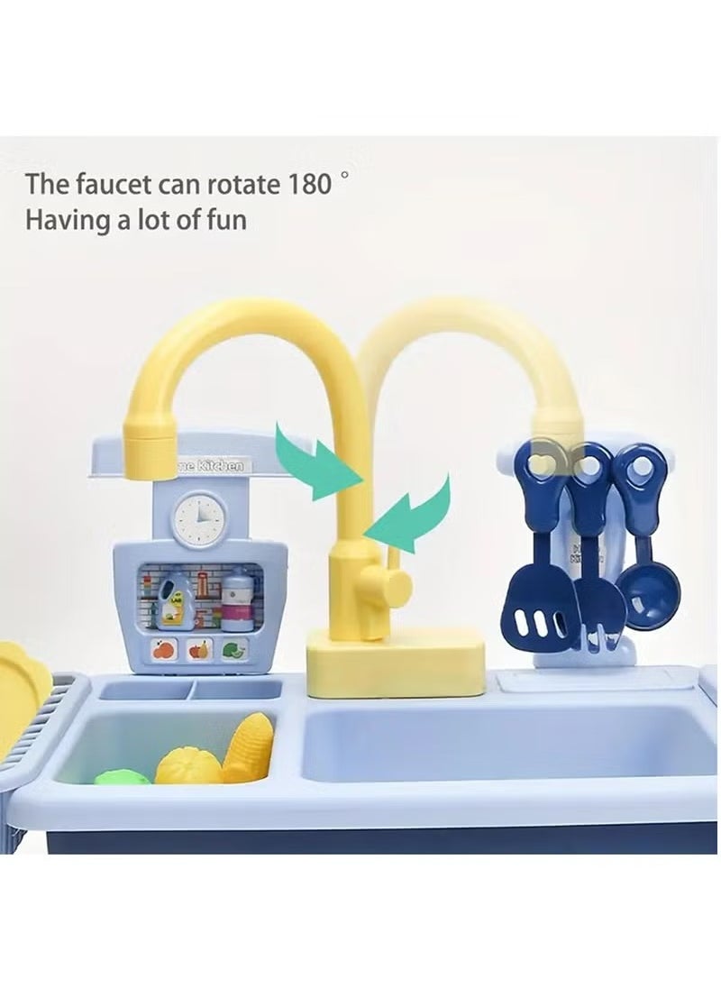 Pretend Play Kitchen Sink Toys with Play Cooking Stove, Pot and Pan with Spray Realistic Light and Sound, Dish Rack & Play Cutting Food, Utensils Tableware Accessories for Kids Toddlers (Blue)