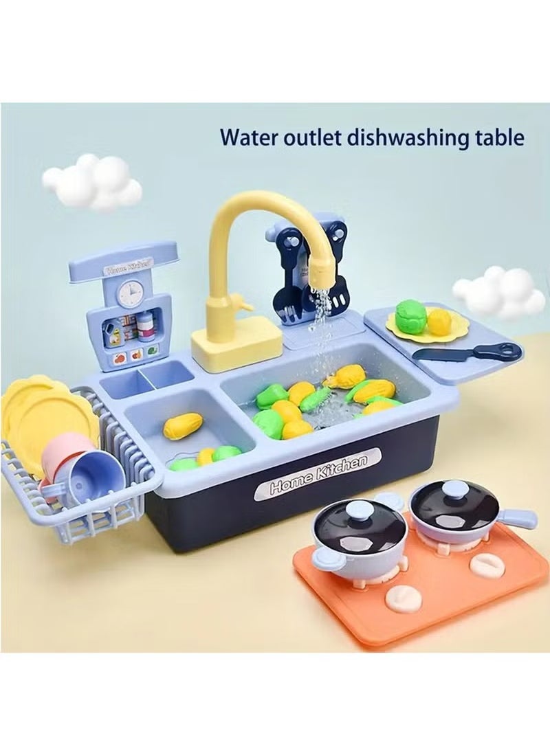 Pretend Play Kitchen Sink Toys with Play Cooking Stove, Pot and Pan with Spray Realistic Light and Sound, Dish Rack & Play Cutting Food, Utensils Tableware Accessories for Kids Toddlers (Blue)