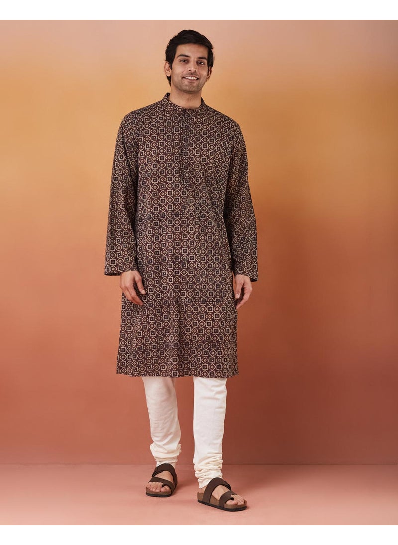 Blue Cotton Ajrakh Printed Long Kurta