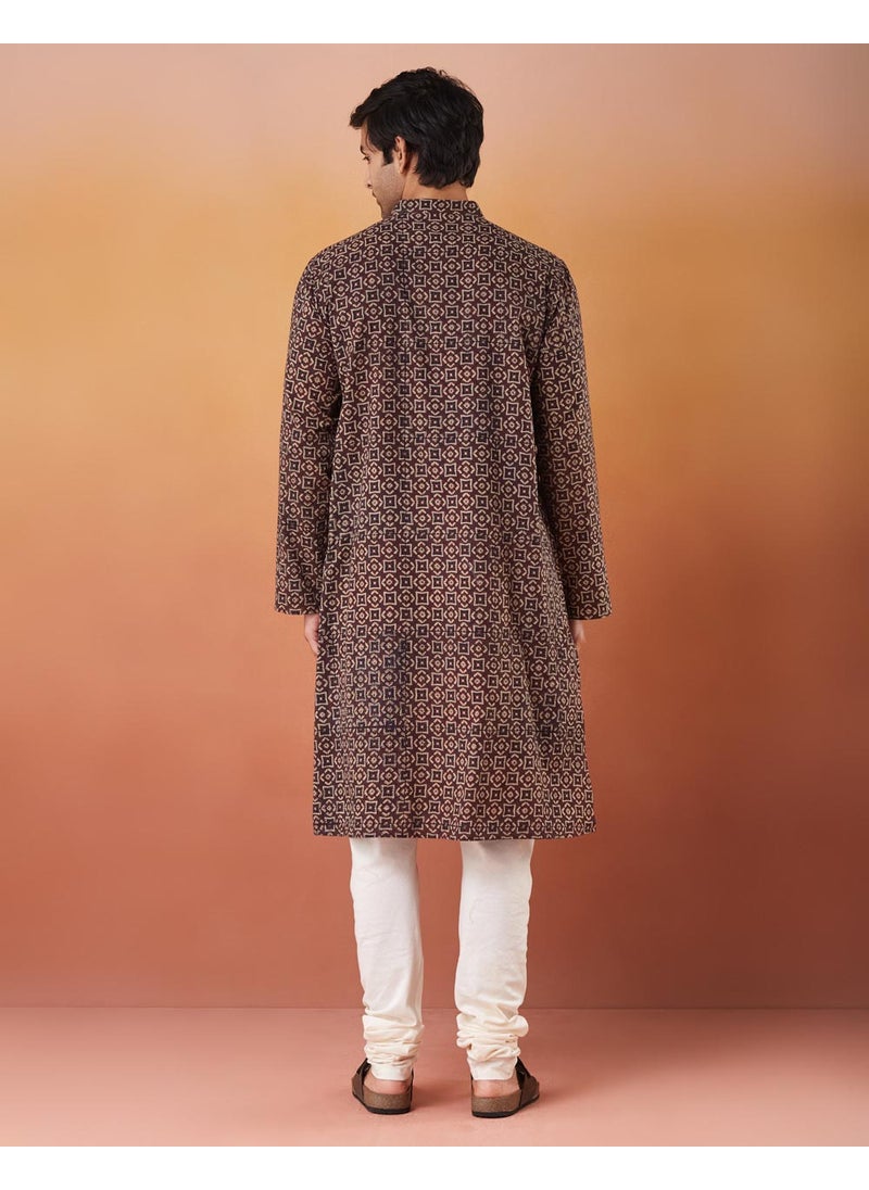 Blue Cotton Ajrakh Printed Long Kurta