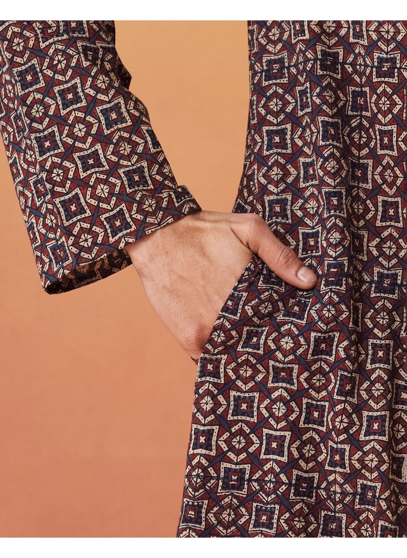 Blue Cotton Ajrakh Printed Long Kurta