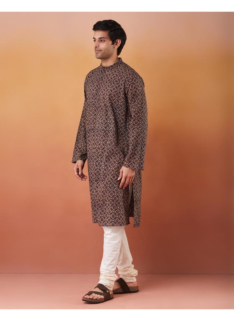 Blue Cotton Ajrakh Printed Long Kurta