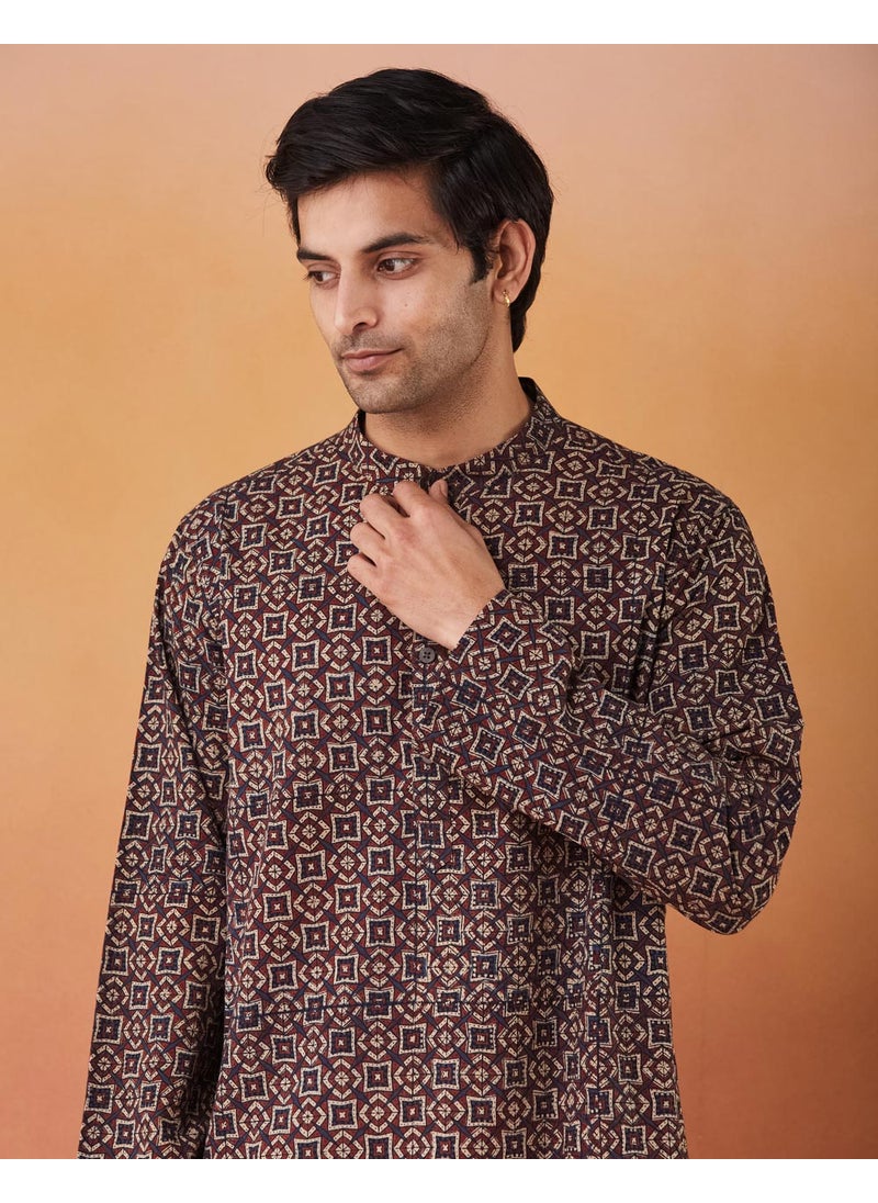 Blue Cotton Ajrakh Printed Long Kurta