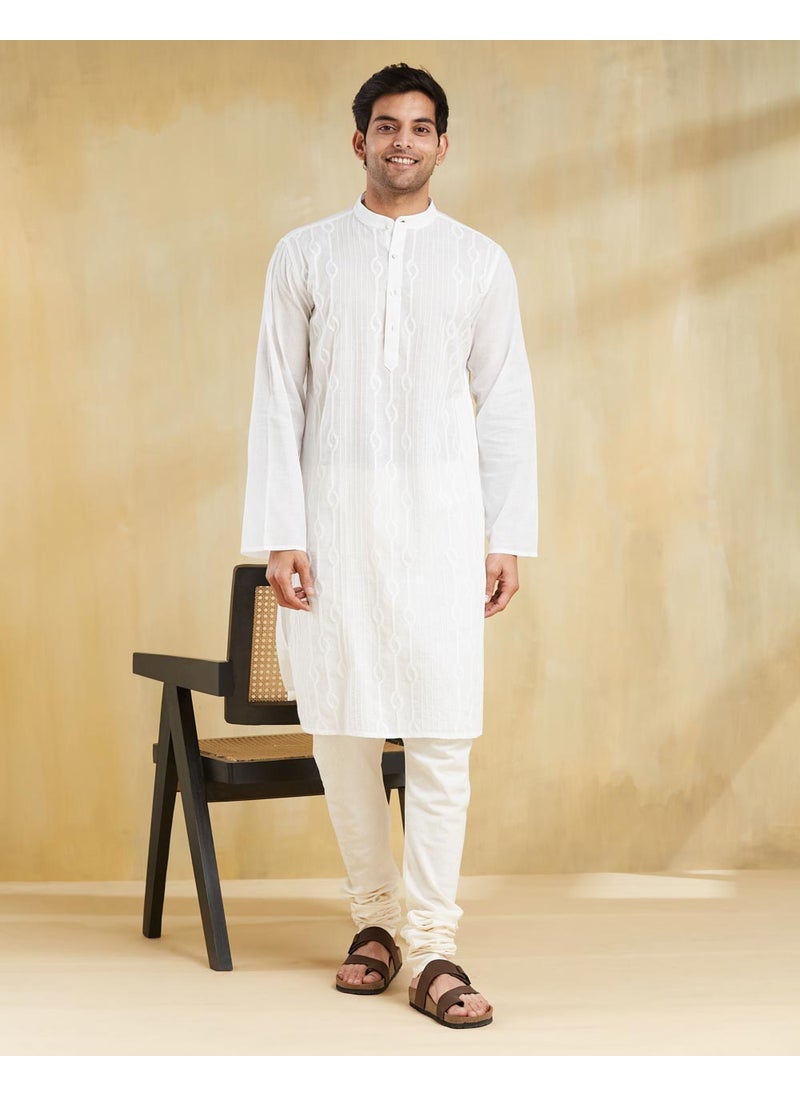 White Cotton Chikankari Slim Fit Long Kurta