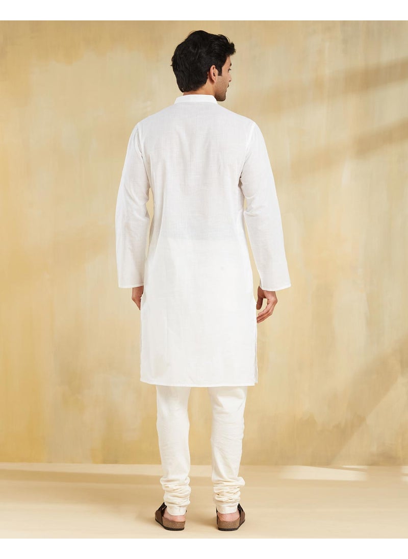 White Cotton Chikankari Slim Fit Long Kurta