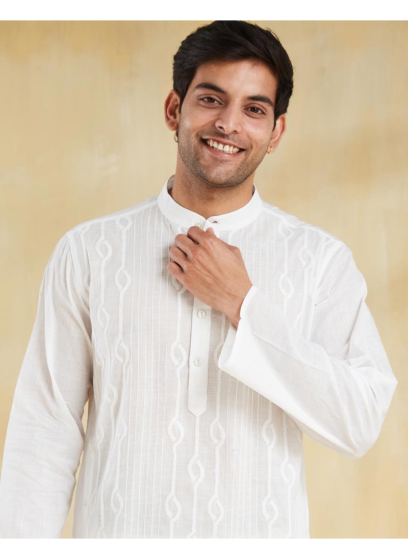 White Cotton Chikankari Slim Fit Long Kurta