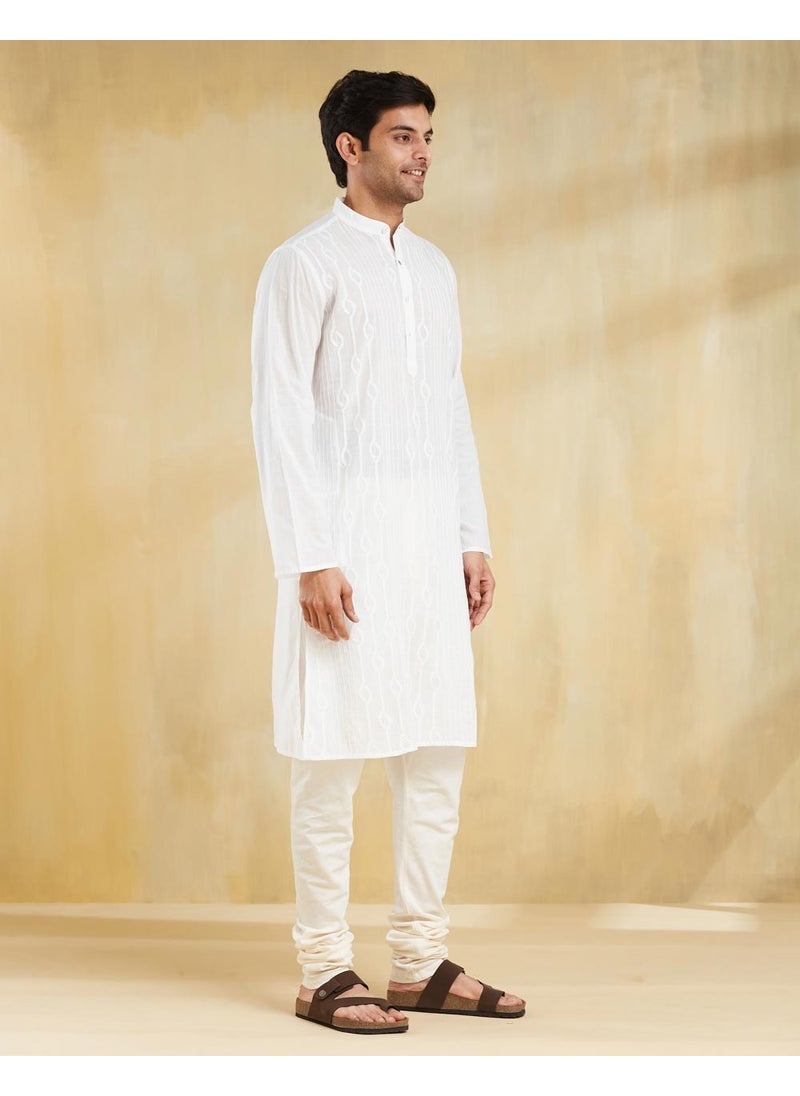 White Cotton Chikankari Slim Fit Long Kurta