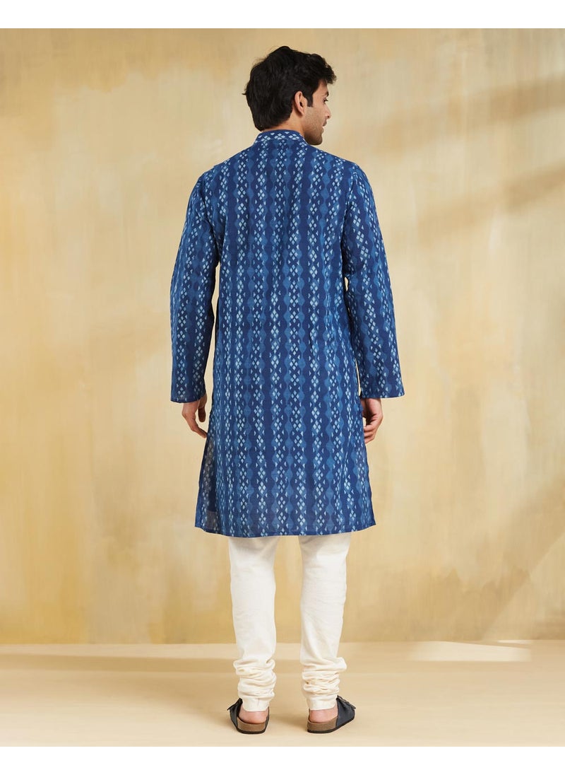 Indigo Cotton Dabu Printed Slim Fit Long Kurta