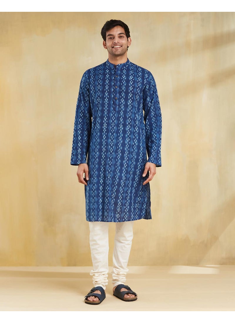 Indigo Cotton Dabu Printed Slim Fit Long Kurta