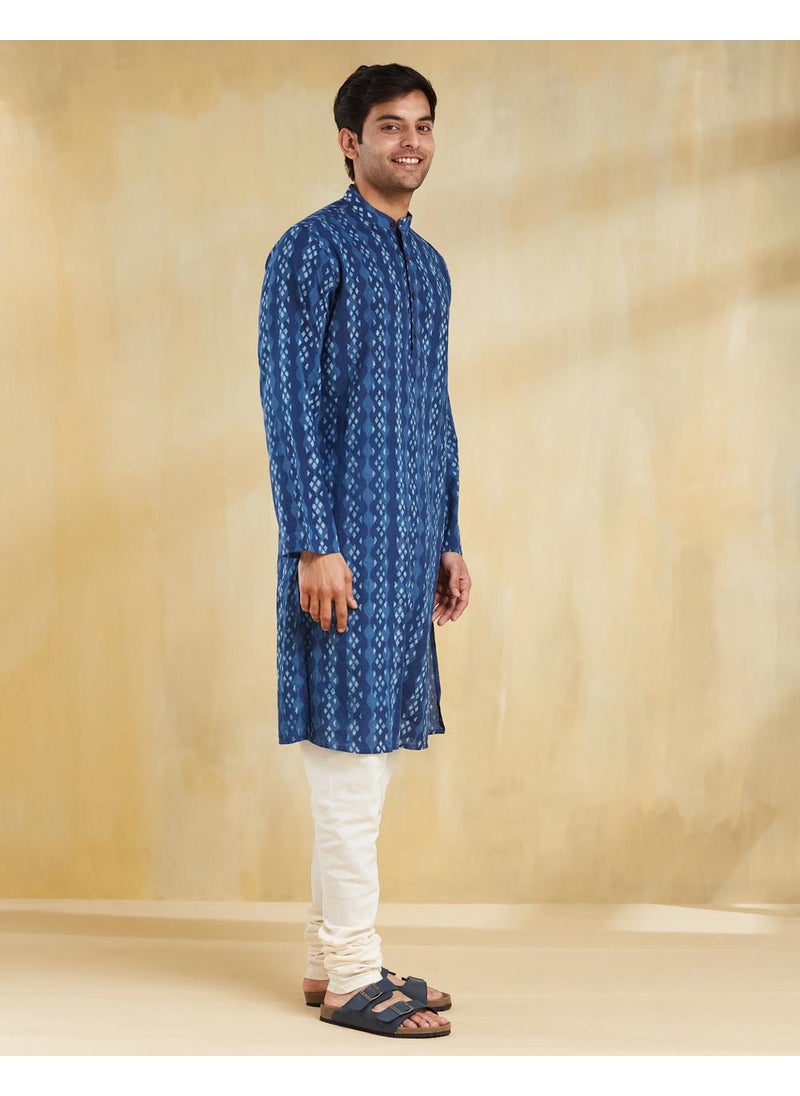 Indigo Cotton Dabu Printed Slim Fit Long Kurta