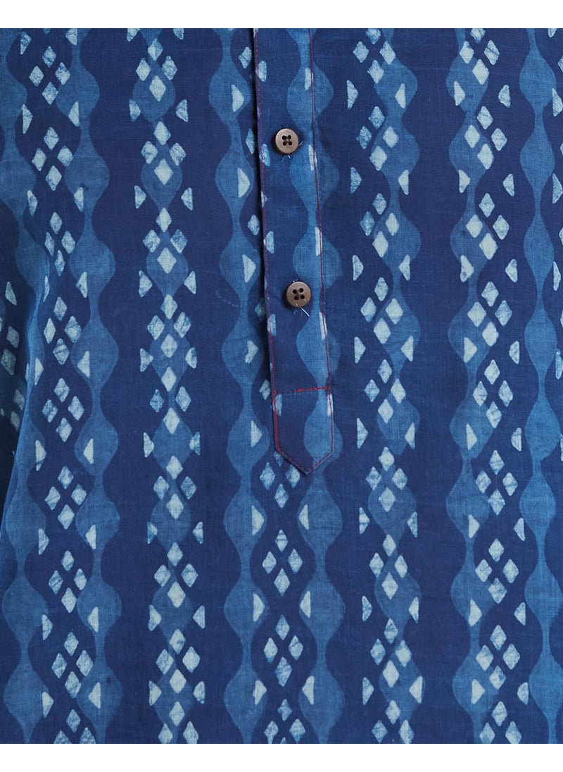 Indigo Cotton Dabu Printed Slim Fit Long Kurta