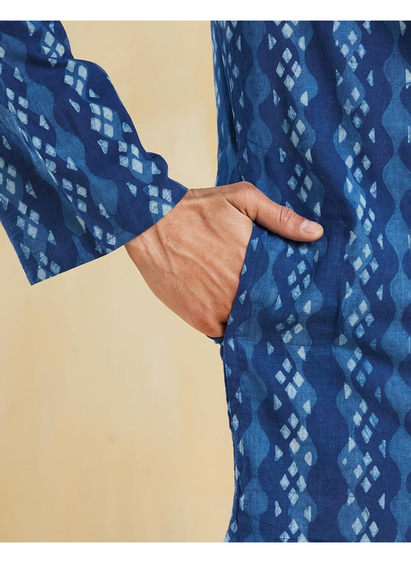 Indigo Cotton Dabu Printed Slim Fit Long Kurta