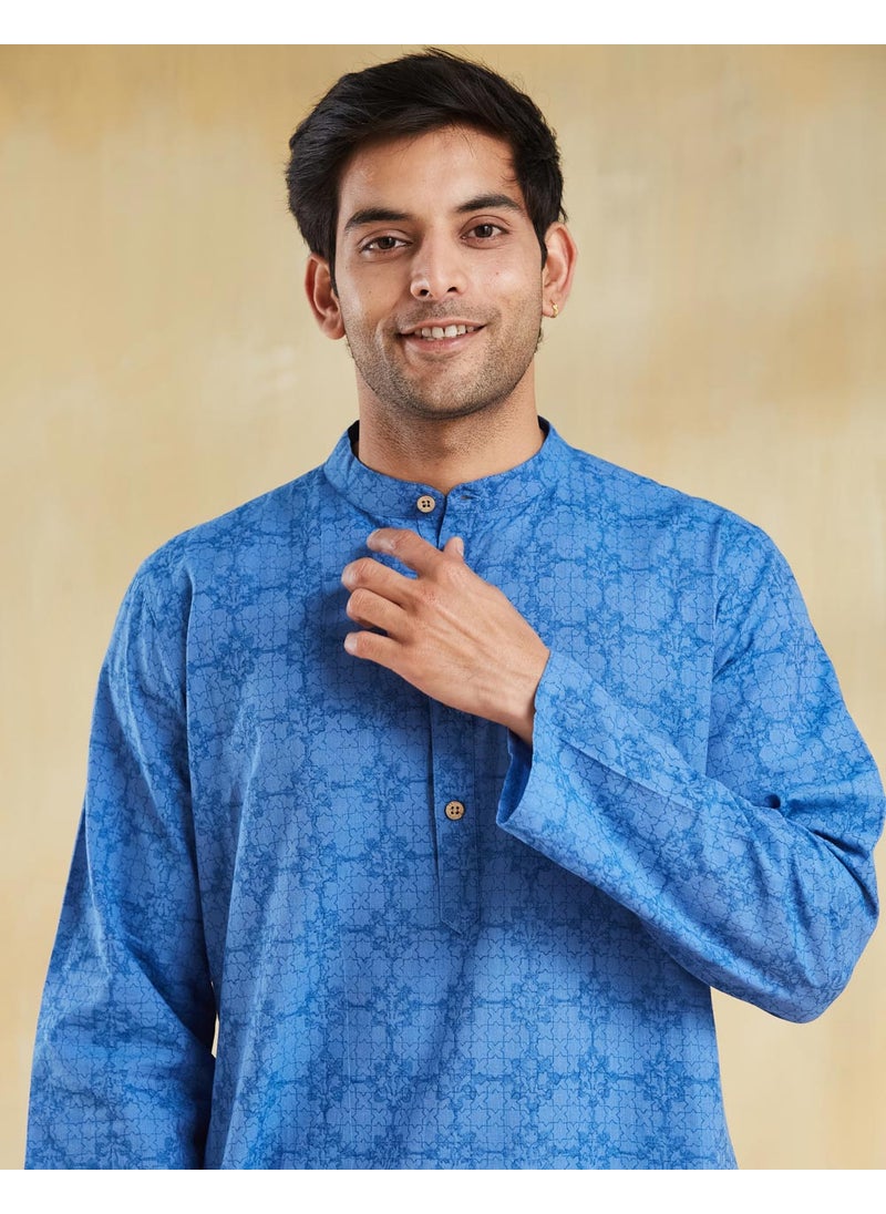 Blue Cotton Hand Block Printed Long Kurta