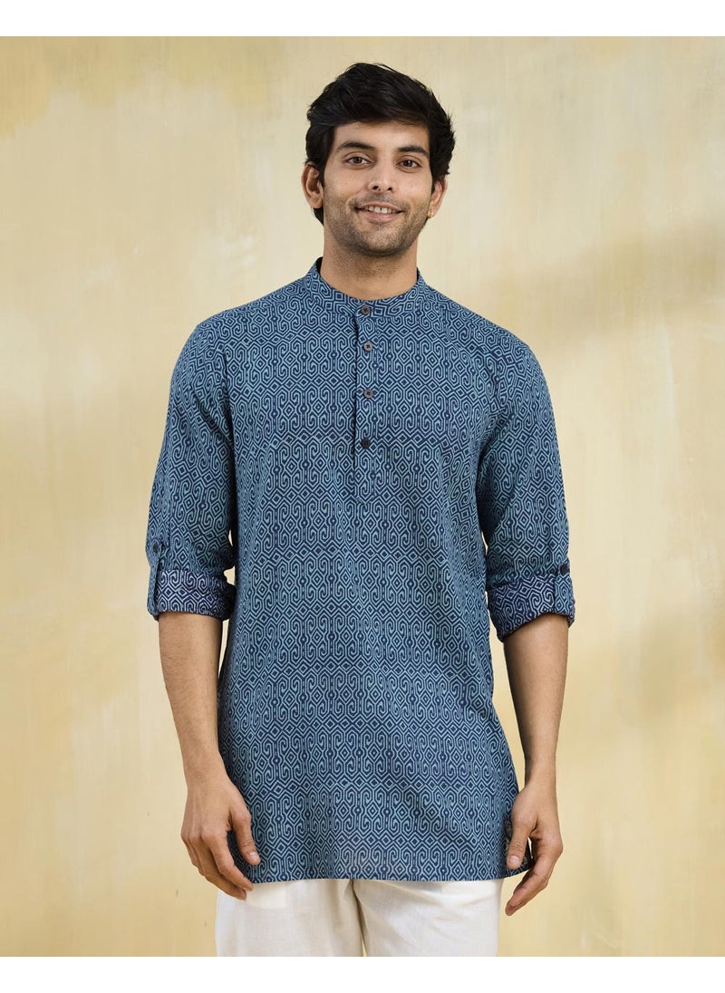Blue Cotton Hand Block Printed Slim Fit Short Kurta