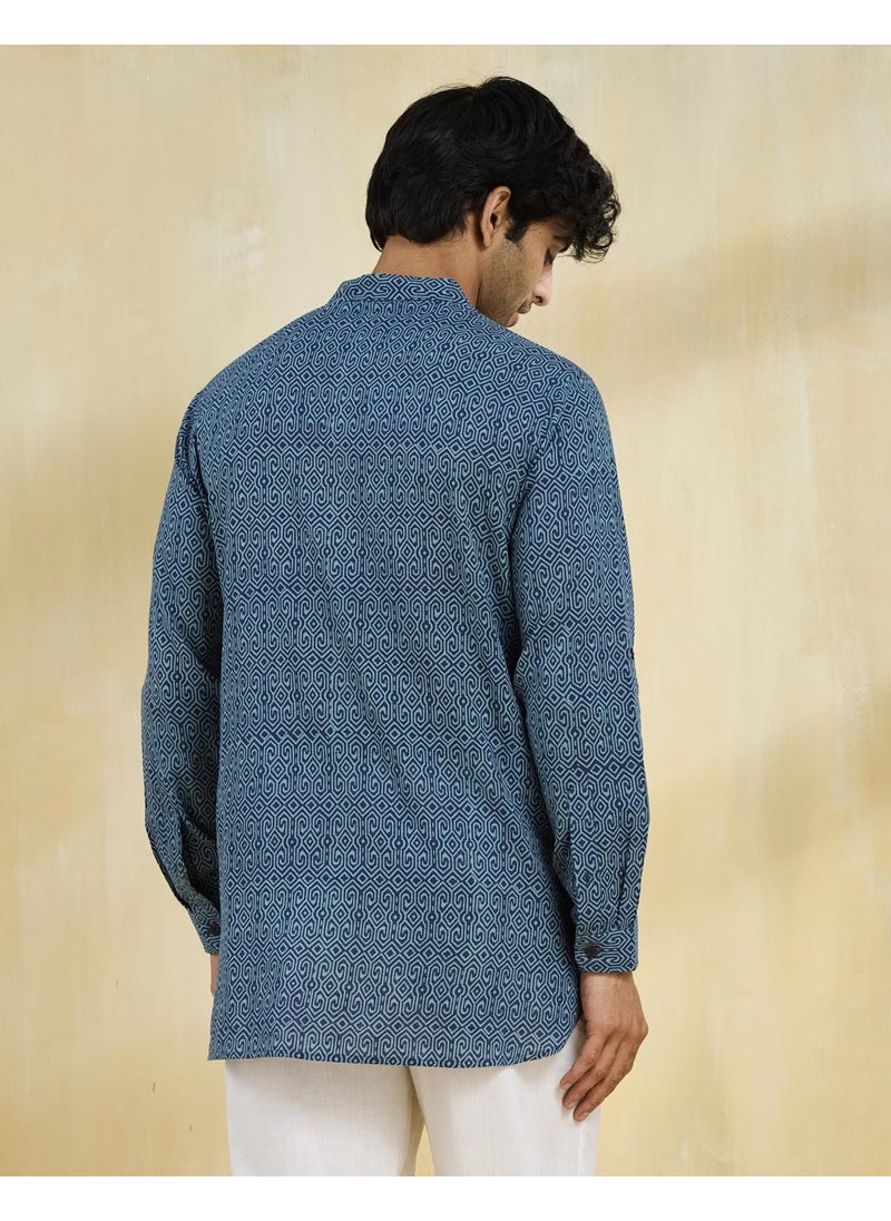 Blue Cotton Hand Block Printed Slim Fit Short Kurta