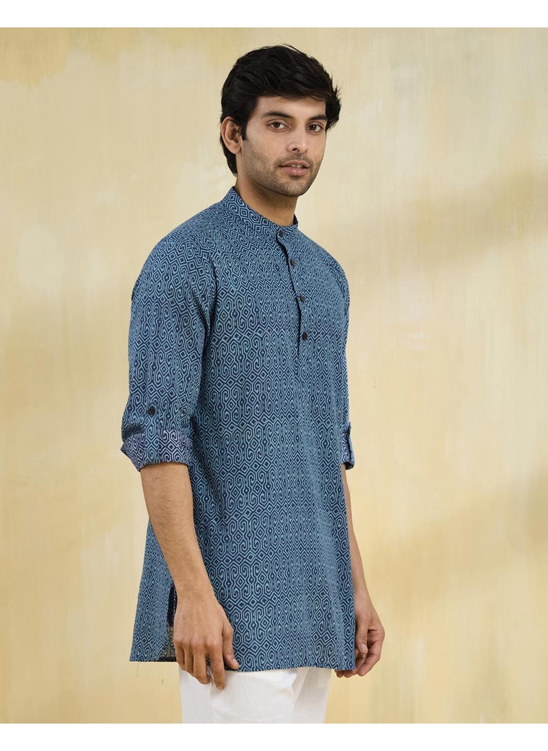 Blue Cotton Hand Block Printed Slim Fit Short Kurta