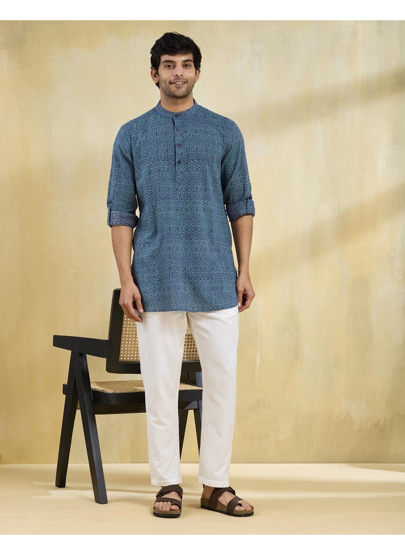 Blue Cotton Hand Block Printed Slim Fit Short Kurta