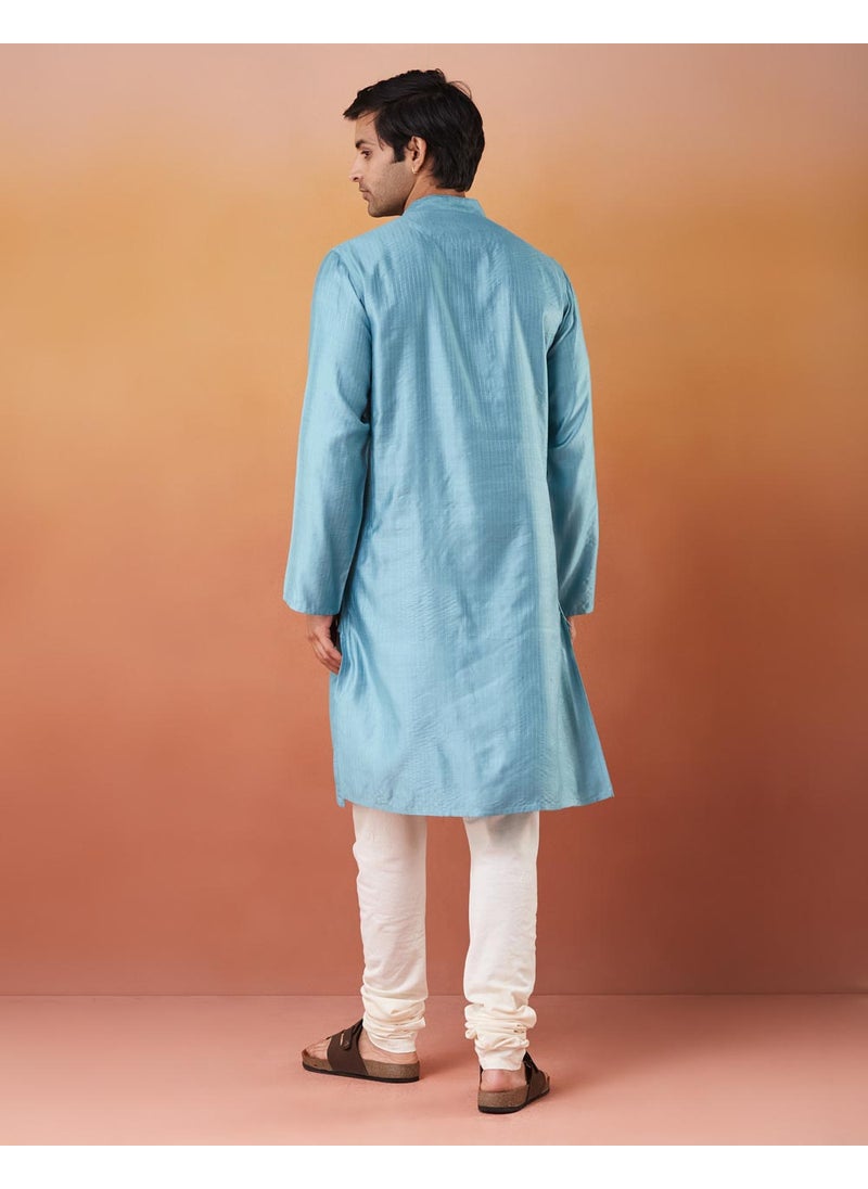 Blue Viscose Blend Striped Slim Fit Long Kurta