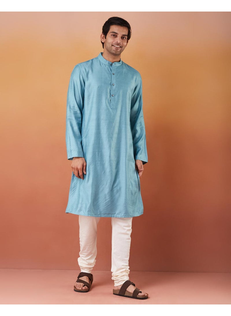 Blue Viscose Blend Striped Slim Fit Long Kurta