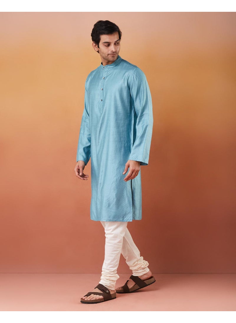 Blue Viscose Blend Striped Slim Fit Long Kurta