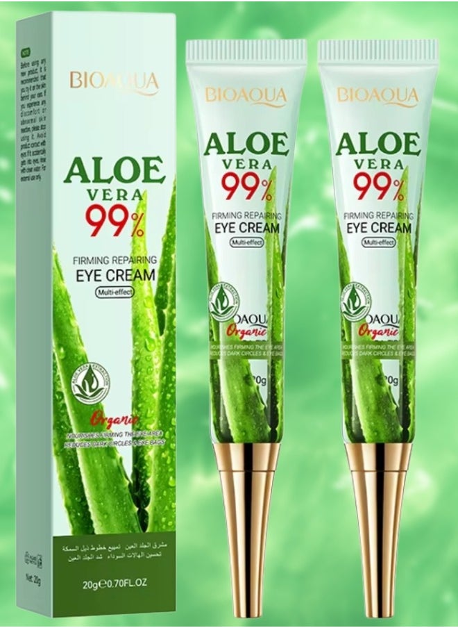 2 Pcs Aloe Vera 99% Firming Repairing Eye Cream Moisturizing Hydrating Nourishing Organic Aloe Vera Eye Cream for Dark Circles Eye Puffiness Wrinkles Anti Aging Under Eye Cream 2x20G