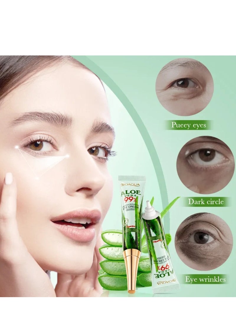 2 Pcs Aloe Vera 99% Firming Repairing Eye Cream Moisturizing Hydrating Nourishing Organic Aloe Vera Eye Cream for Dark Circles Eye Puffiness Wrinkles Anti Aging Under Eye Cream 2x20G
