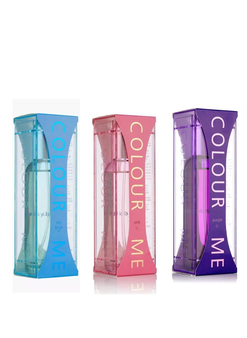 Pack of 3 Eau de perfume Combo Sky blue Pink Purple Set 100x3 (Total300ml) Colour me