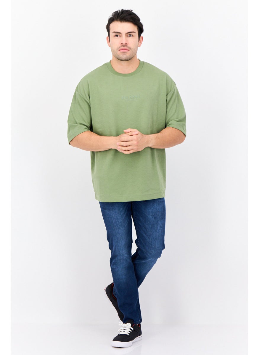 Men Crew Neck Short Sleeve Brand Logo T Shirt, Forest Green