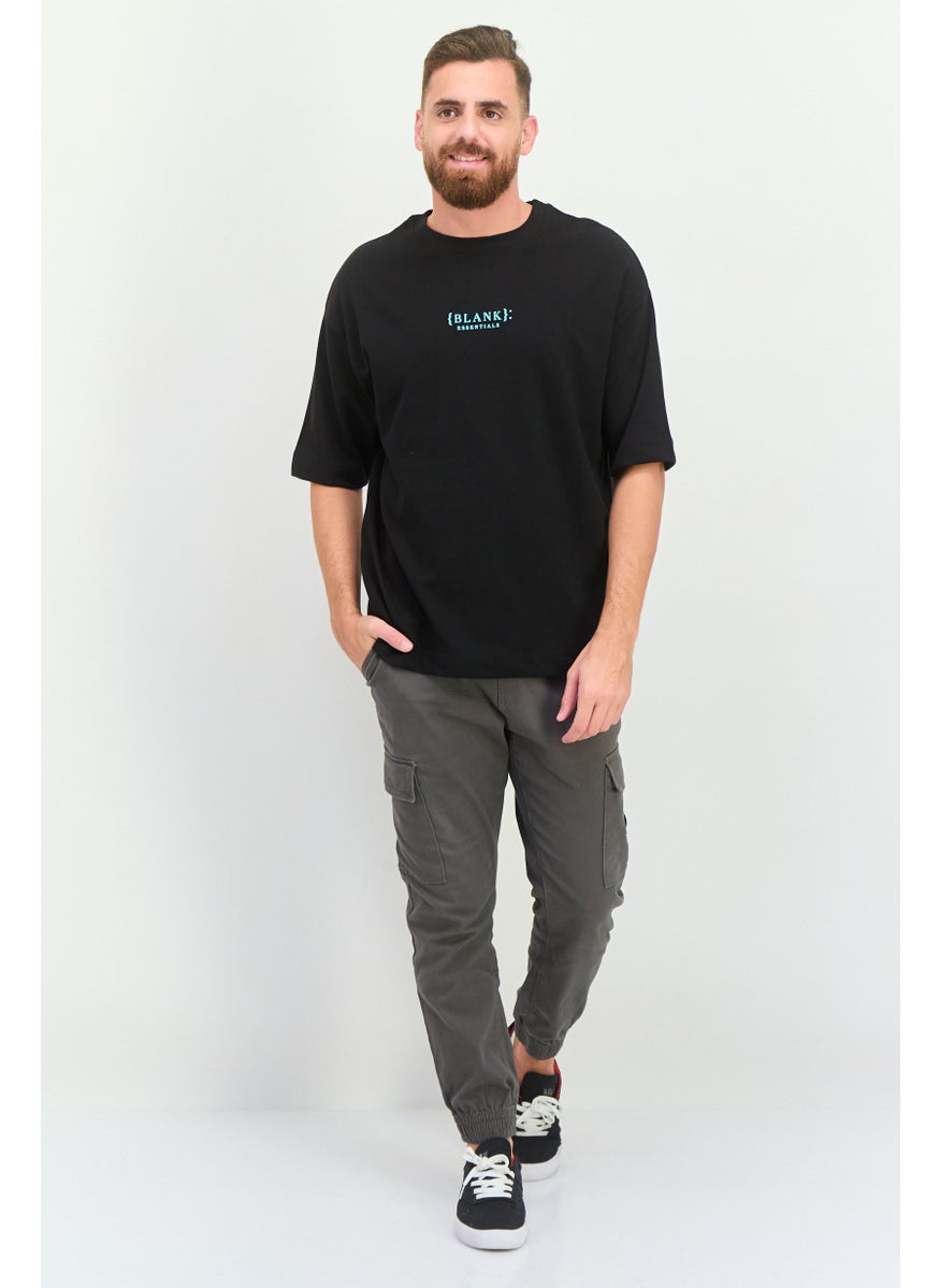 Men Crew Neck Short Sleeve Brand Logo T Shirt, Black