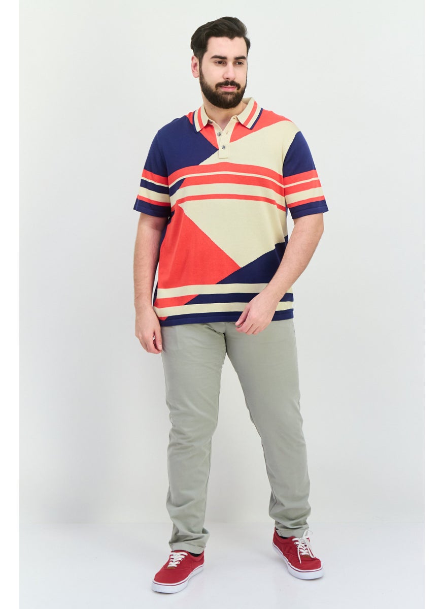 Men Regular Fit Striped Short Sleeves Polo, Beige