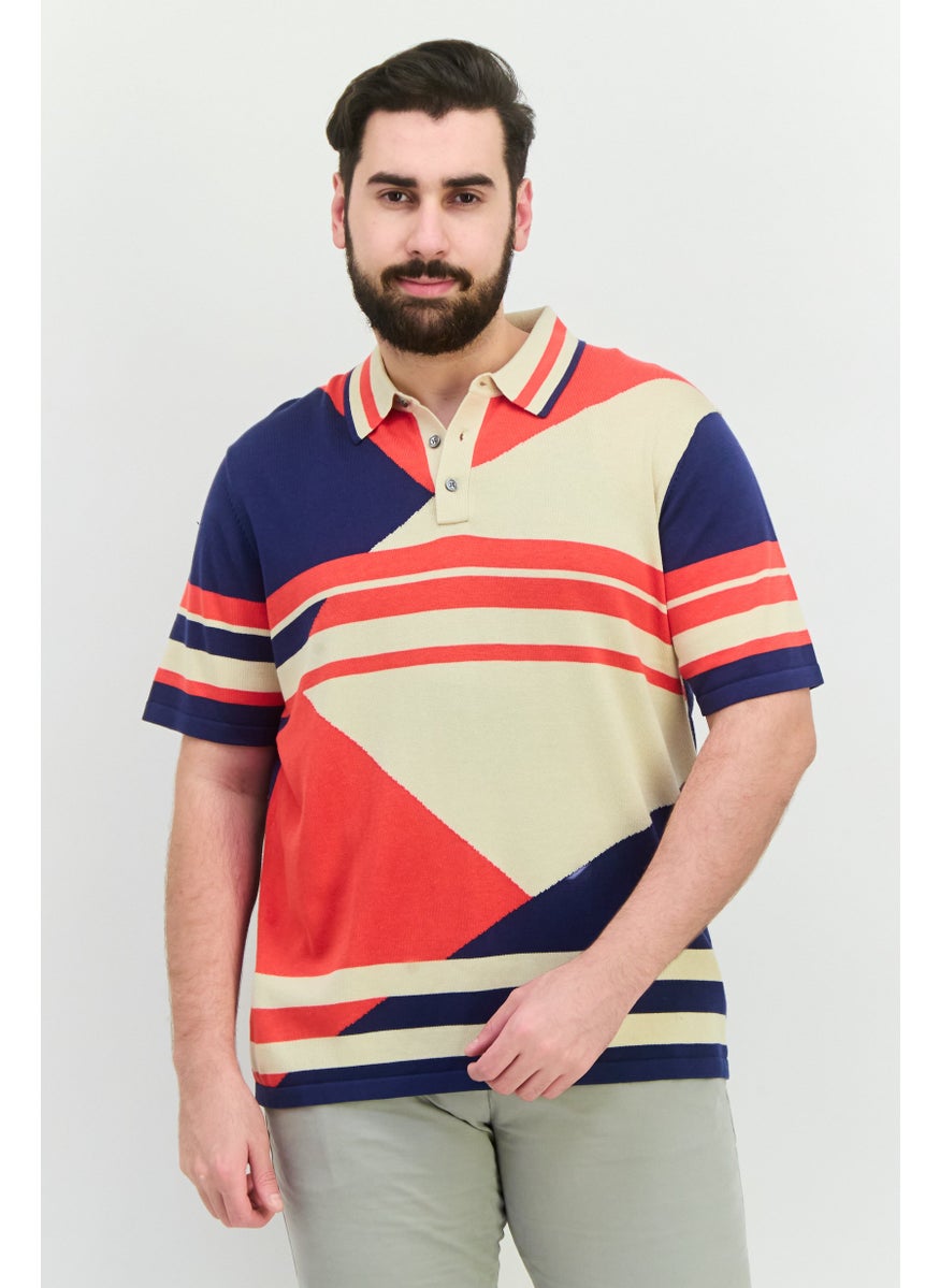 Men Regular Fit Striped Short Sleeves Polo, Beige