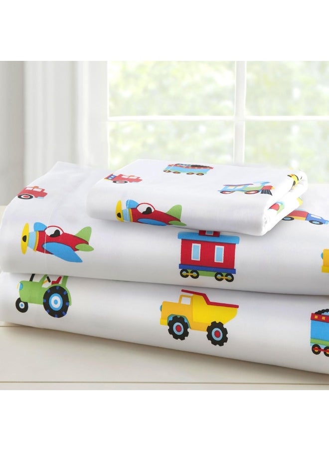 Wildkin 100% Cotton Toddler Sheet Set - Soft & Cozy Bed Sheets - Trains, Planes, and Trucks