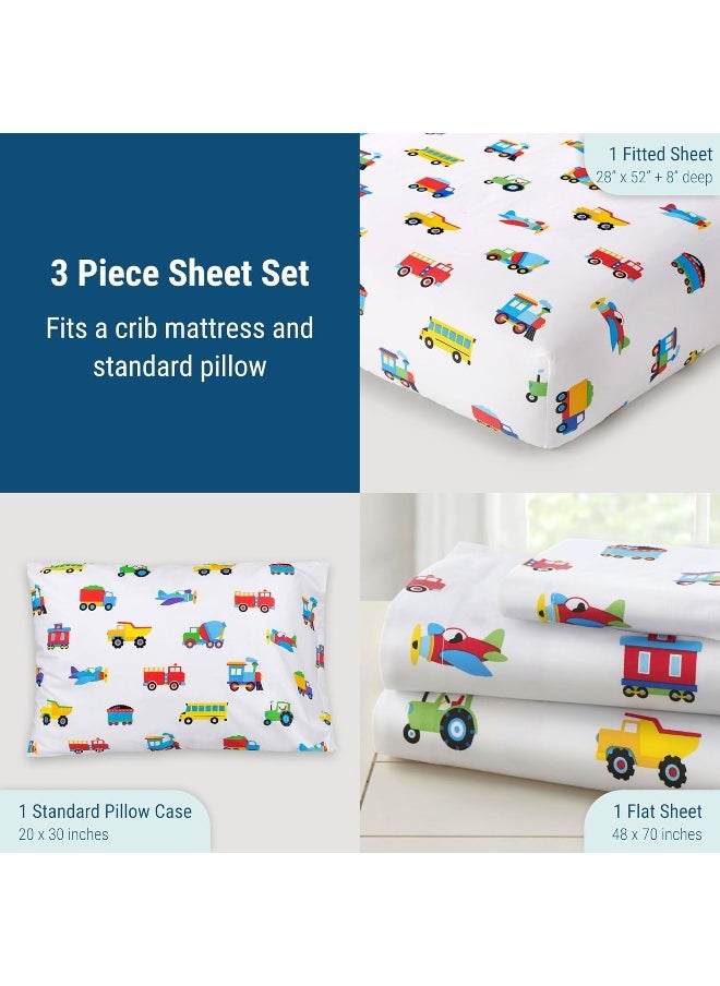 Wildkin 100% Cotton Toddler Sheet Set - Soft & Cozy Bed Sheets - Trains, Planes, and Trucks