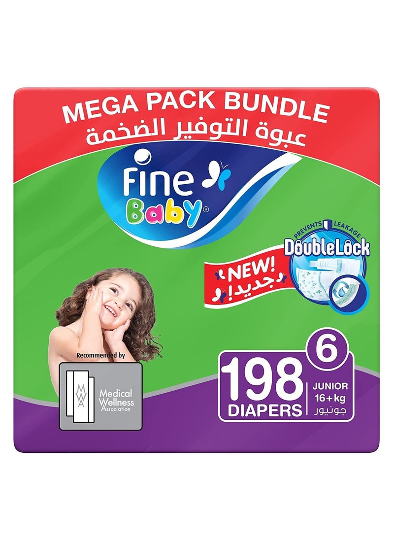 Fine Baby Double Lock, Size 6, Junior, 16+ kg, 198 Diapers (New packaging: 3x66 )
