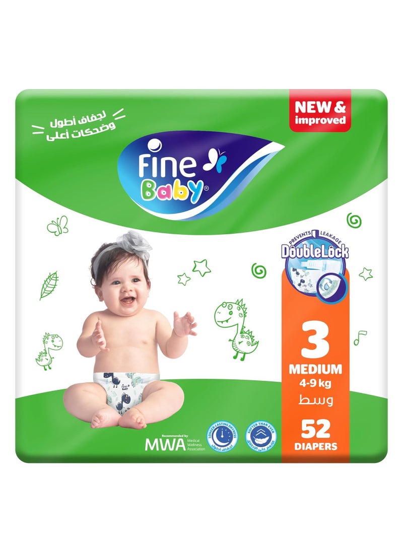 Fine Baby Double Lock, Size 3, Medium, 4-9 Kg, Jumbo Pack, 52 Diapers