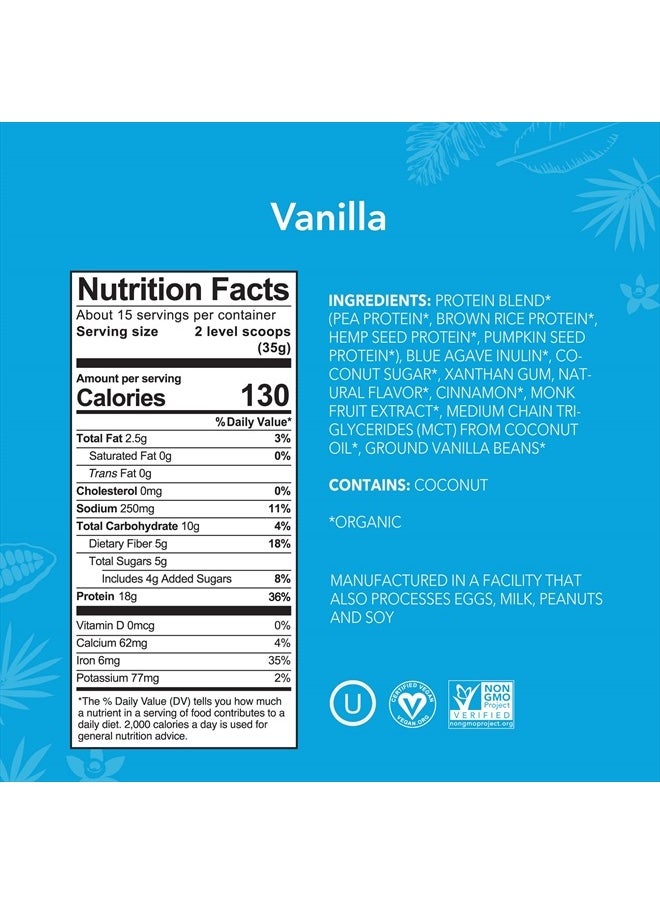 Organic Plant Based Protein Powder, Stevia Free, Vanilla, 19.6 oz, 15 Servings PACKAGING MAY VARY