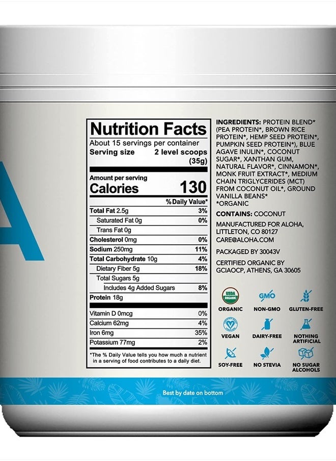 Organic Plant Based Protein Powder, Stevia Free, Vanilla, 19.6 oz, 15 Servings PACKAGING MAY VARY