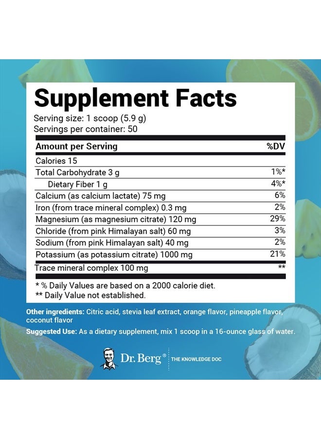 Dr. Berg Zero Sugar Hydration Keto Electrolyte Powder - Enhanced w/ 1,000mg of Potassium & Real Pink Himalayan Salt (NOT Table Salt) - Tropical Coconut, Pineapple & Orange Drink Supplement 50 Servings