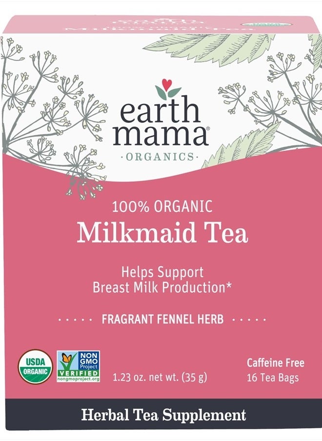 Organic Milkmaid® Tea | Lactation Support Herbal Tea Bags for Breastfeeding, Decaf Lactation Supplement for Increased Breast Milk Production, With Milk Thistle & Fenugreek (16 Count)