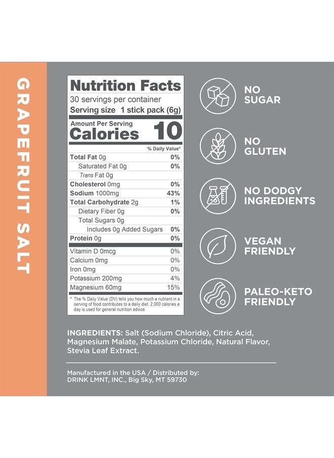 LMNT Zero Sugar Electrolytes - Grapefruit Salt | Drink Mix | 30 Count