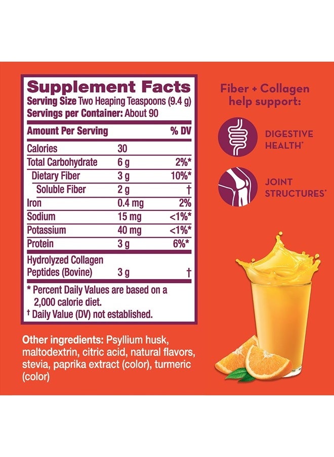Daily Fiber + Collagen, Psyllium Husk Powder, Plant Based, Sugar-Free with Stevia, 3-in-1 Fiber for Digestive Health, Orange Flavored, 90 Doses (29.8 OZ Fiber Powder)
