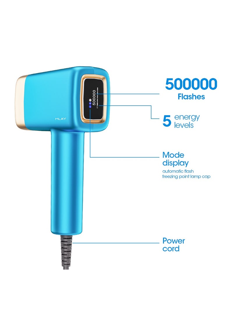MLAY T14 Sky Blue Portable Multi Functional Permanent Painless Safe Fast Epilator 500000 Flashes Home Ice Epilator with DEESS GP520 Radiofrequency Beauty Instrument