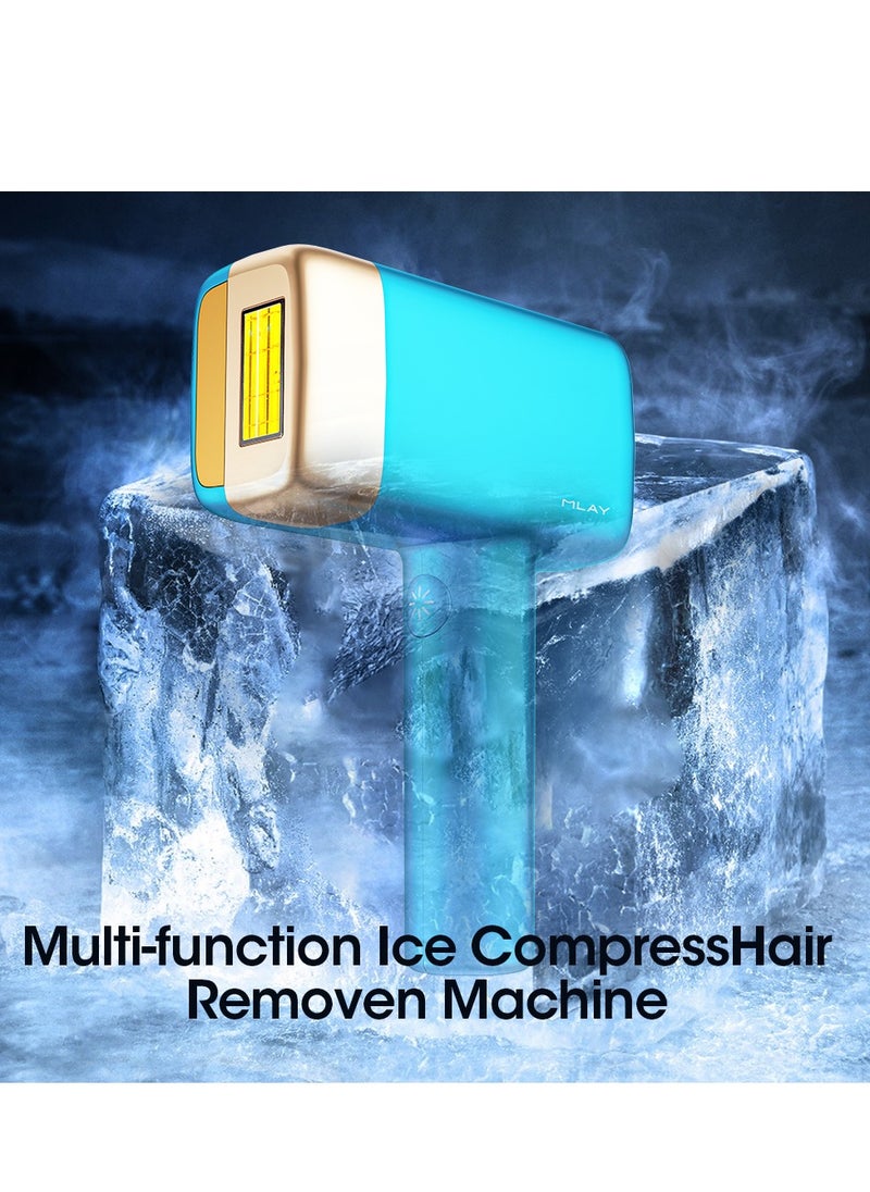 MLAY T14 Sky Blue Portable Multi Functional Permanent Painless Safe Fast Epilator 500000 Flashes Home Ice Epilator with DEESS GP520 Radiofrequency Beauty Instrument