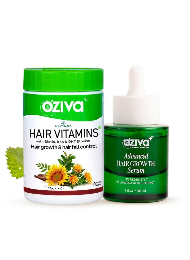 OZiva Hair Vitamin Capsules for Hair Growth & Hair Fall Control, 60 Cap and OZiva+ Advanced Hair Growth Serum with 3% Redensyl & 1% Lindera Root Extract | Balances Scalp Microbiome 30ml