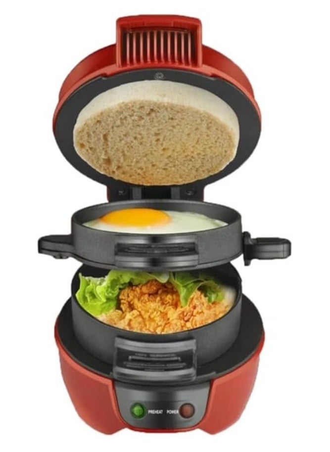 Multifunctional Burger Press Machine, Sandwich Maker, Waffle Maker, Breakfast Machine for Home Use, Large, Red