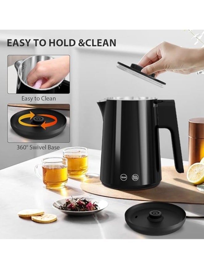 Electric Kettle, 0.8L 1000W Temperature Controlled Kettle Tea Pot, 304 Stainless Steel Water Heater, Fast Heating with Auto Shut-Off & Boil-Dry Protection, Black