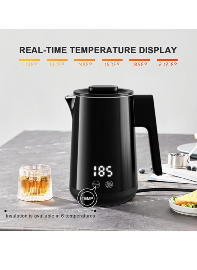 Electric Kettle, 0.8L 1000W Temperature Controlled Kettle Tea Pot, 304 Stainless Steel Water Heater, Fast Heating with Auto Shut-Off & Boil-Dry Protection, Black
