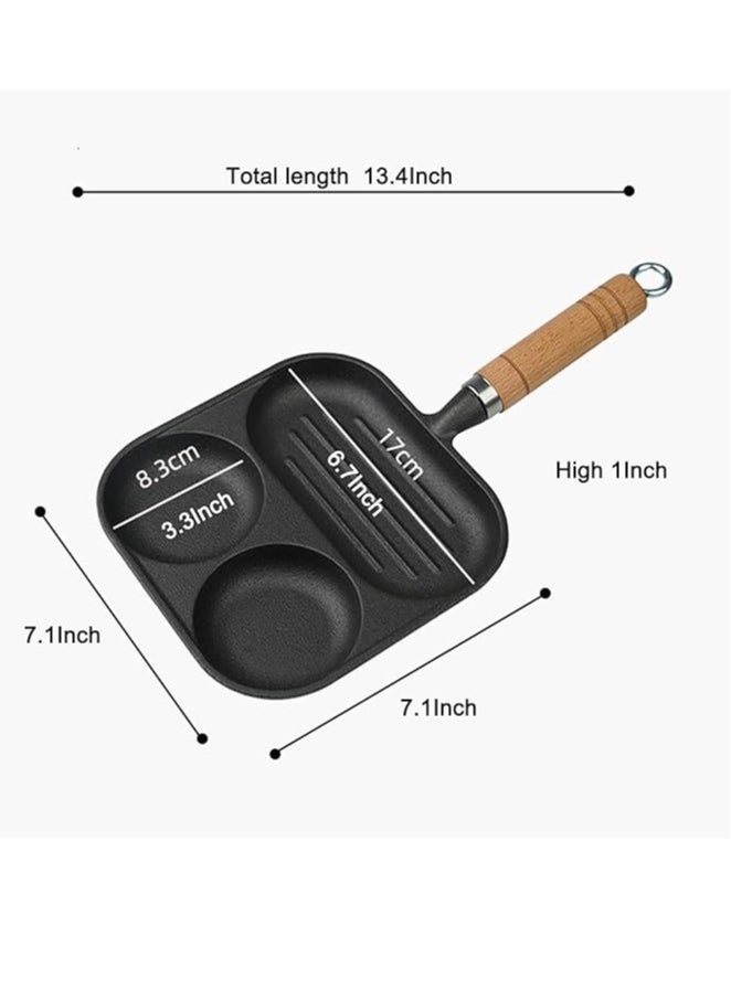 Nonstick Frying Pan,3-in-1 Cast Iron Egg Pan Divided Grill Pan,3-Section Versatile Breakfast Skillet,Cooking Pan for Egg,Steak and Burgers (Black)