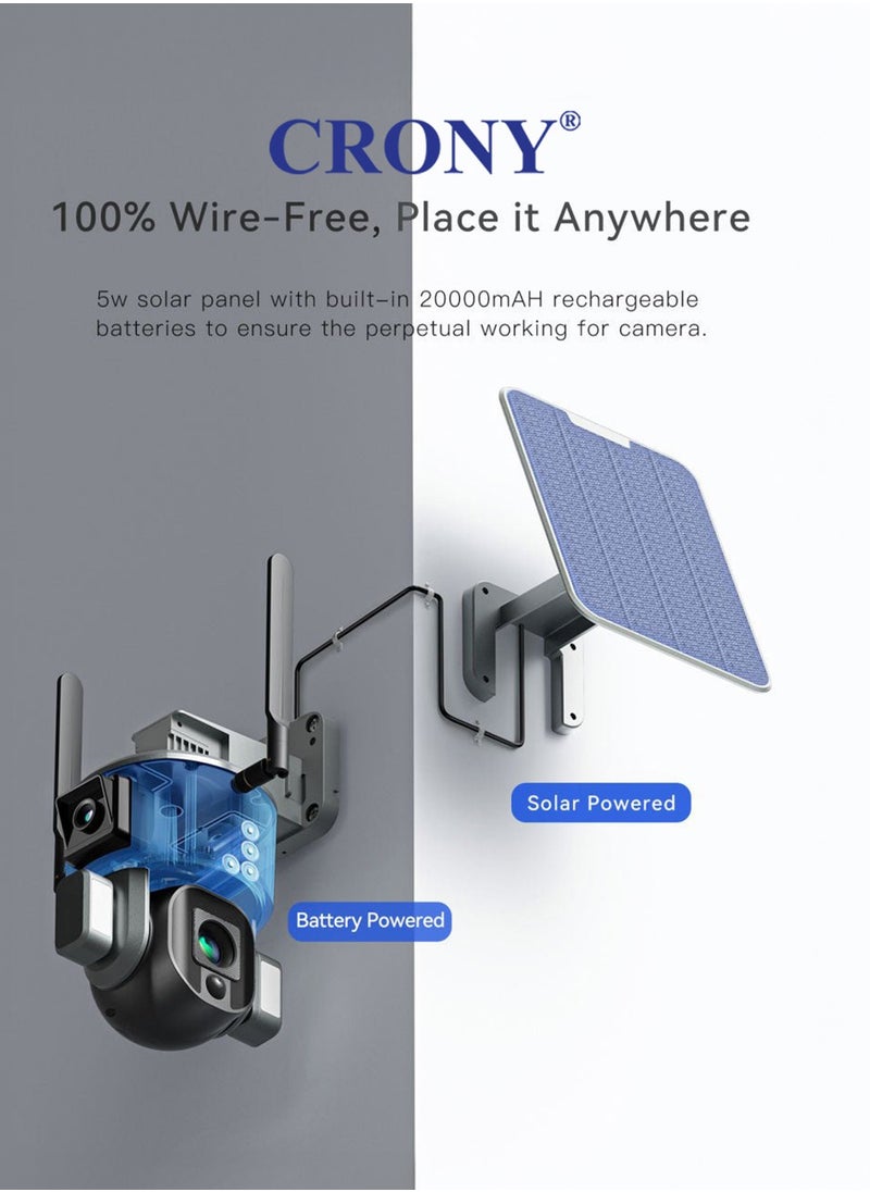 4MP Dual - Lensed S5 Security Camera with 4K Resolution, 4G/Wi-Fi Connectivity, Solar/Battery Power, 10x Zoom, PTZ (355°H/90°V), 20000mAh Battery, IP66 Waterproof, Two - way Audio, TF Card/Cloud Storage
