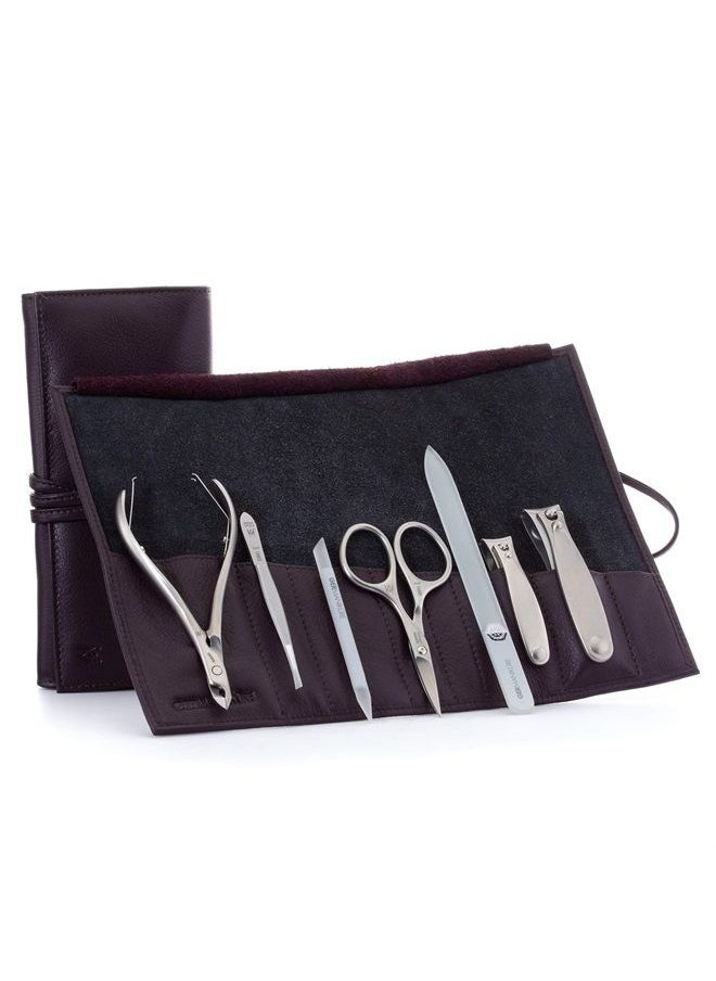 GERMANIKURE 7pc Manicure Set in Dark Purple Leather Case - FINOX Stainless Steel Tools Made in Germany, Glass Nail Care Supplies Made in Czech Republic – Professional Cuticle and Nail Care Kit